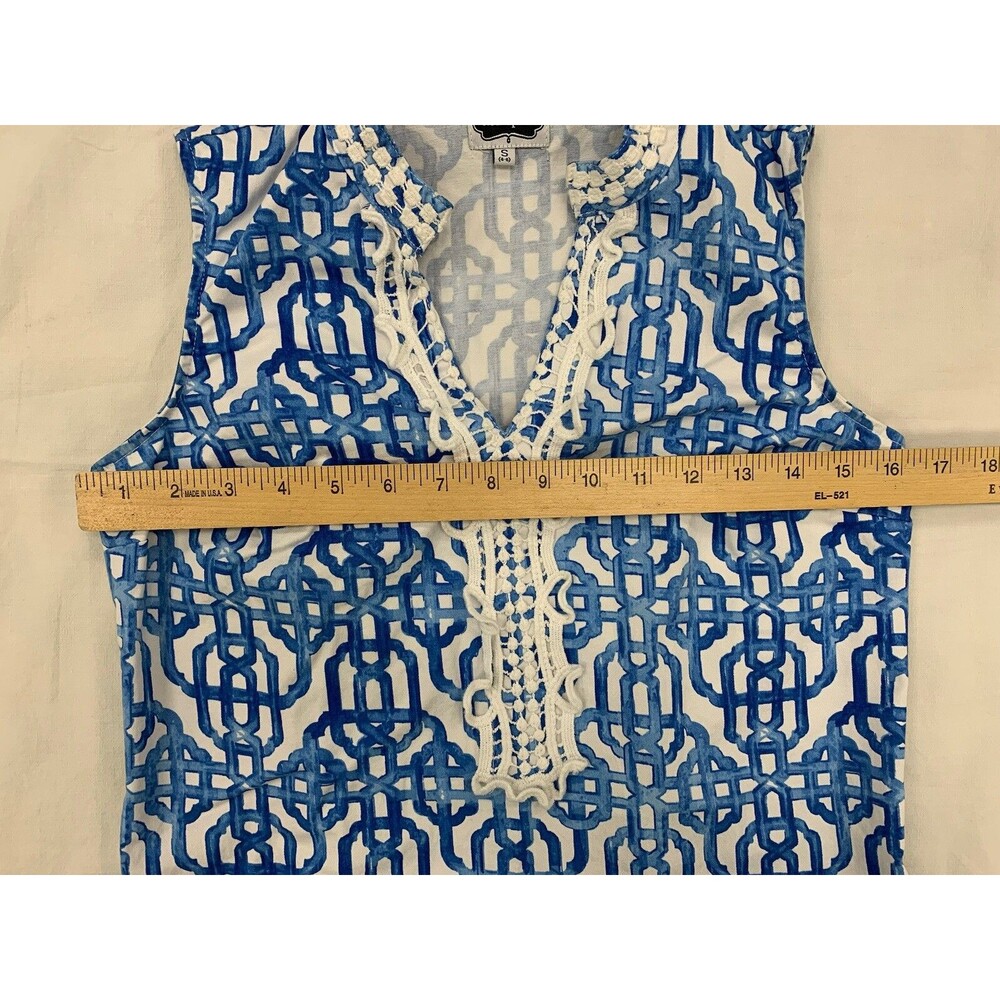 Mud Pie Kate Cotton Crochet Shift Dress Sz S Blue White Painterly Lattice Resort - Picture 6 of 15